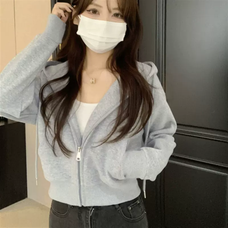 休闲拉链连帽卫衣开衫纯色修身运动外套女25秋冬连帽短款瑜伽服上