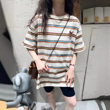 韩版夏季新款宽松大码圆领T恤女 纸袋家简约卡通刺绣条纹短袖潮