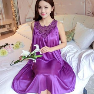Summer Imitation Silk Nightgown for Women, Sexy and Interesting Pajamas, Summer Ice Silk Lace Large Swing Skirt, Pure Color Home Wear, Behalf of Delivery