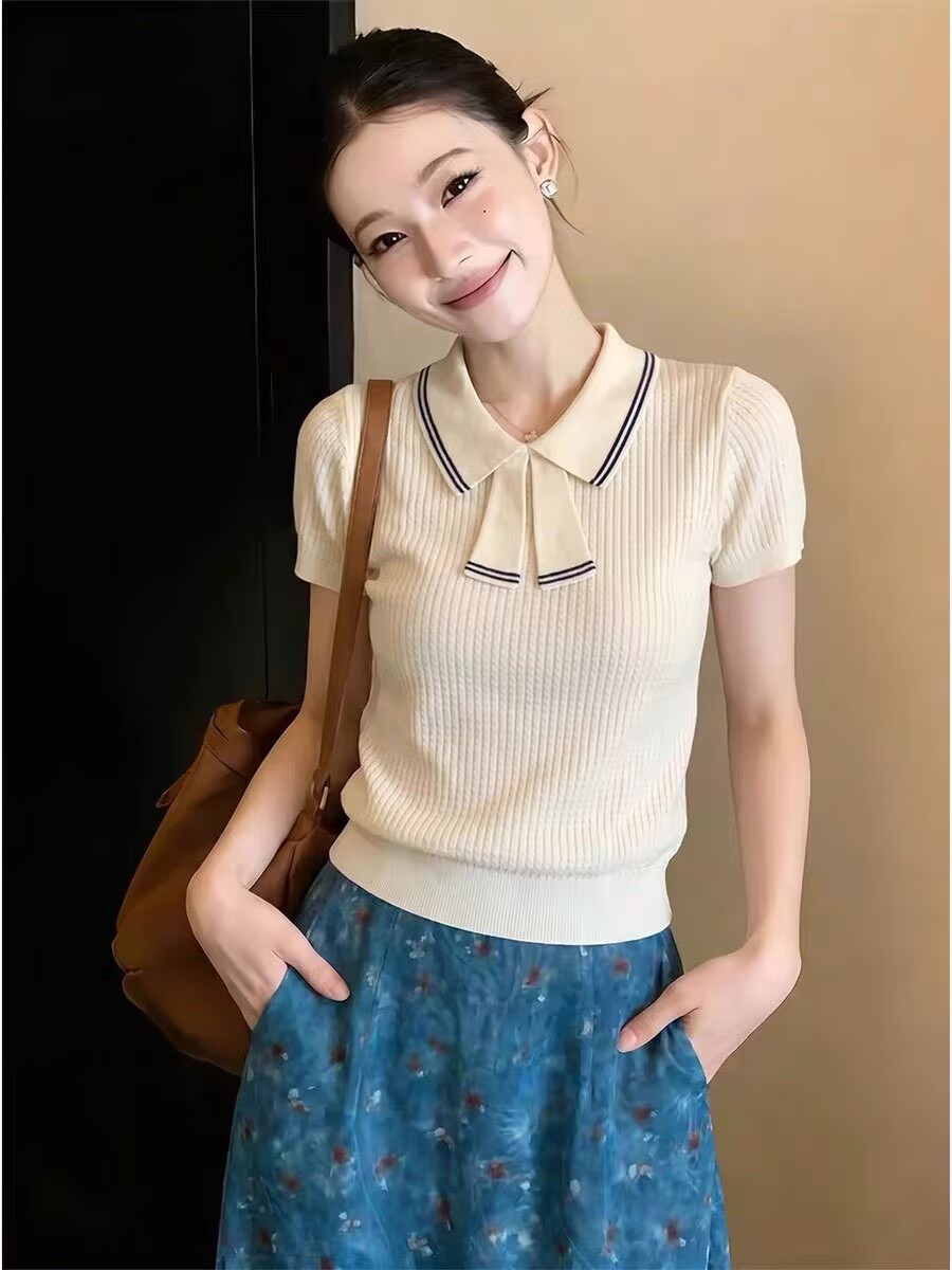 Áo thun nữ tay ngắn cổ bẻ nơ lụa, chất liệu sợi mát mùa hè — xanh lam