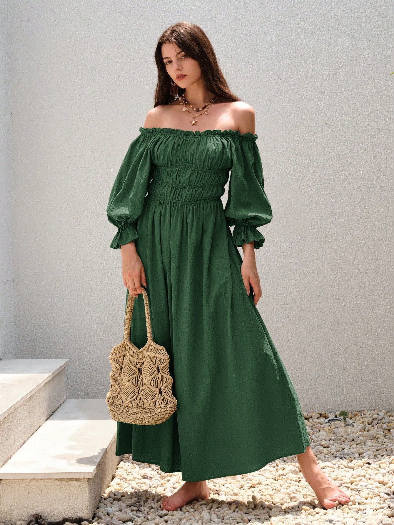 Off Shoulder Lantern Sleeve Maxi Dress Vintage Aesthetic Ruffled Bust Long Sleeve Flowy Design Perfect for Formal