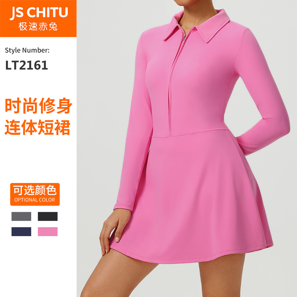 New European and American Tight-Fitting Slimming High-Waisted Sports Long-Sleeved Dress Running Golf Tennis Skirt Zipper Lapel Fitness