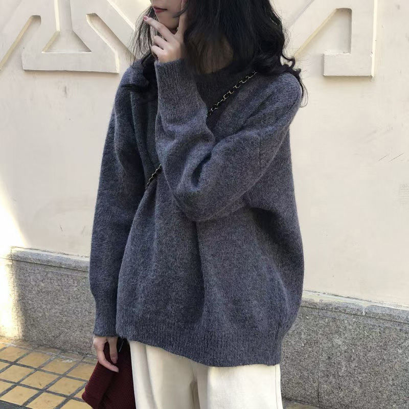 圆领毛衣女秋冬季2025新款宽松复古慵懒风色套头软糯加厚针织衫|undefined