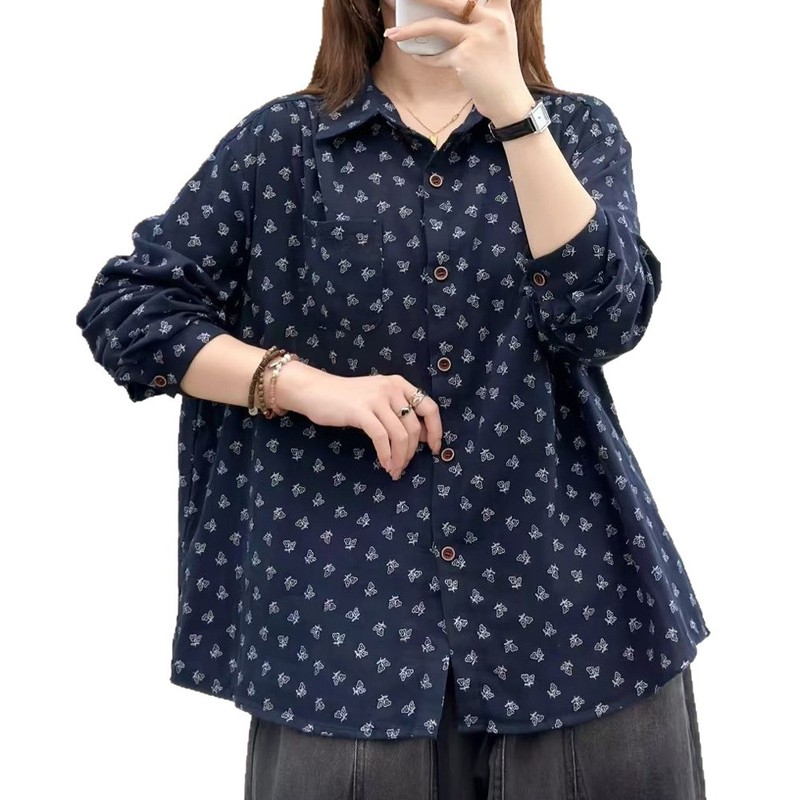 春秋新款韩版宽松休闲百搭文艺印花双层棉纱长袖衬衫女上衣衬衣|undefined
