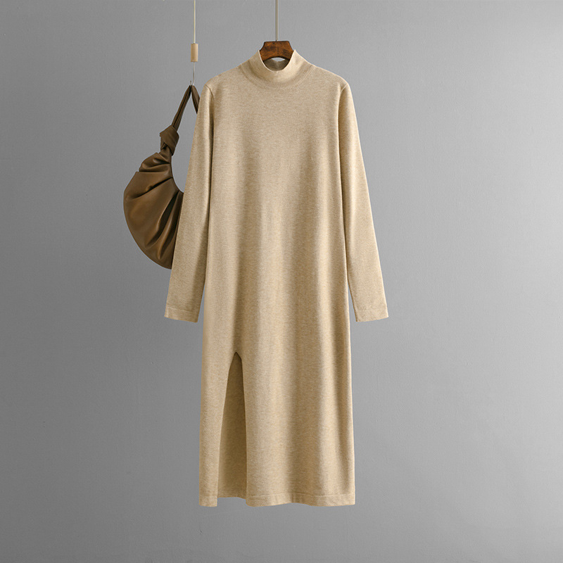 Half Turtleneck Knitted Dress Women Autumn Winter Solid Color Slit Long Sleeve Bottoming Trousers Inner Wear Woolen Dress