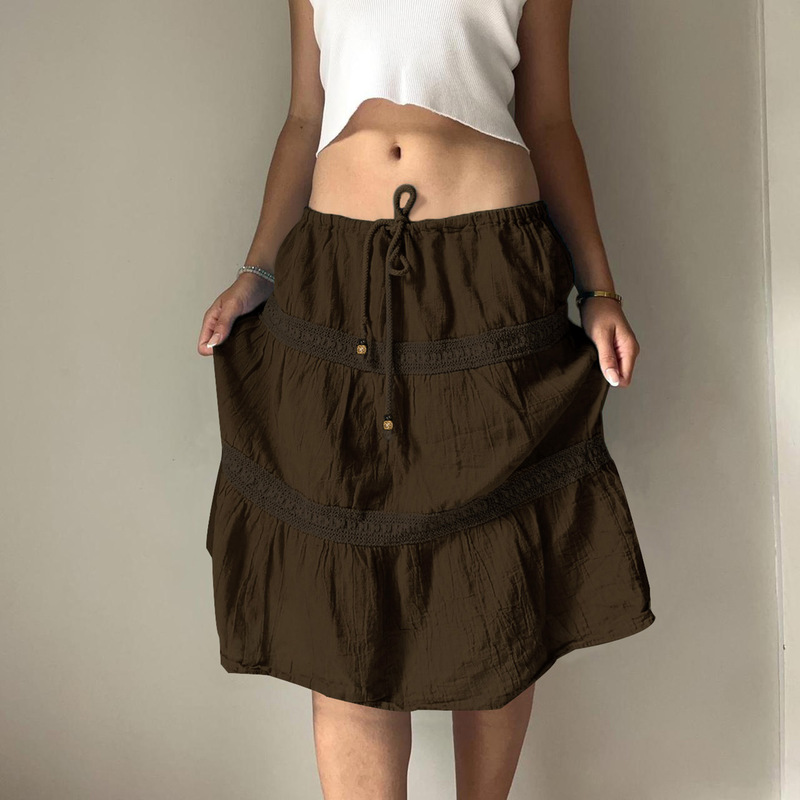 Autumn Retro Brown Pleated Stitching Large Hem Solid Color Skirt Hot Girl Lace-Up Design Slim Fashion Long Skirt for Women
