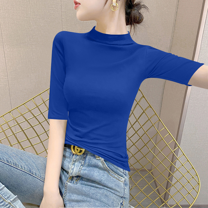Klein Blue Half Turtleneck Mid-Sleeve T-Shirt for Women Spring & Fall New Style Five-Seventh Sleeve Mid-Collar Top Bottoming Shirt
