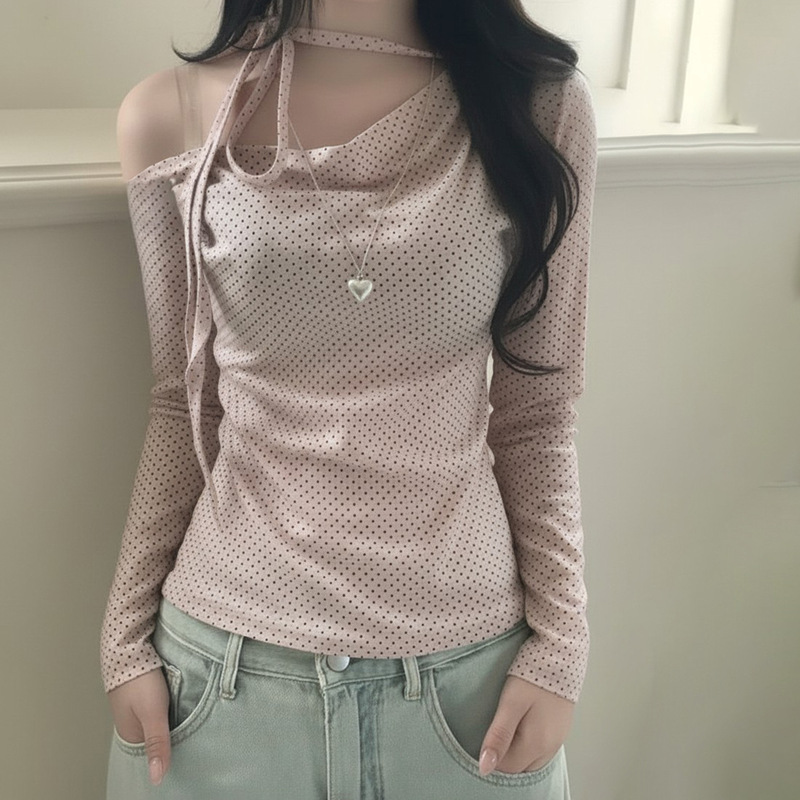 欧美新款女装ins风甜美少女波点露肩修身长袖T恤绑带设计休闲上衣|undefined