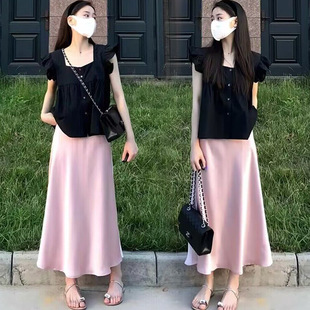 Pregnant Women Summer suit Fashion New Summer Belly Sleeve Doll Shirt Top Pink Skirt Two-piece Set