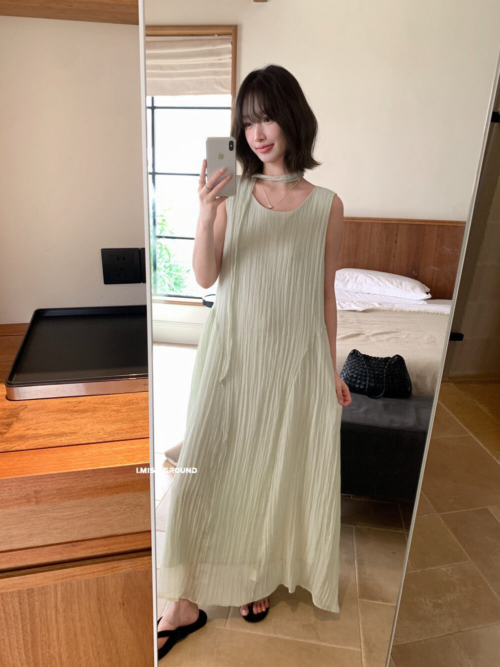 Đầm maxi nữ không tay chất liệu Tencel phong cách nghỉ dưỡng Hàn Quốc — trắng sữa, Bột cam, xanh lá cây chi tiết 5