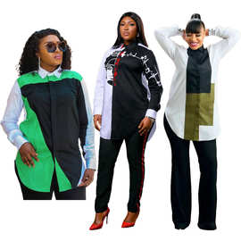 Y5211秋季欧美女装时尚流行数码定位印花长袖休闲修身衬衣2色可选