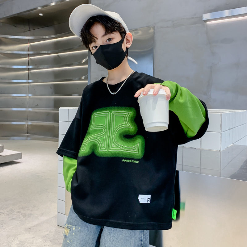 Boys' Spring and Autumn Two-Piece Sweatshirts 2024 New Middle and Large Children's Spring and Autumn Children's Sports Trendy Top