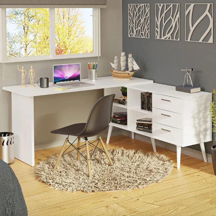 White L-shaped corner computer desk with drawers and storage cabinet, small-sized study desk for bedroom or study room corner