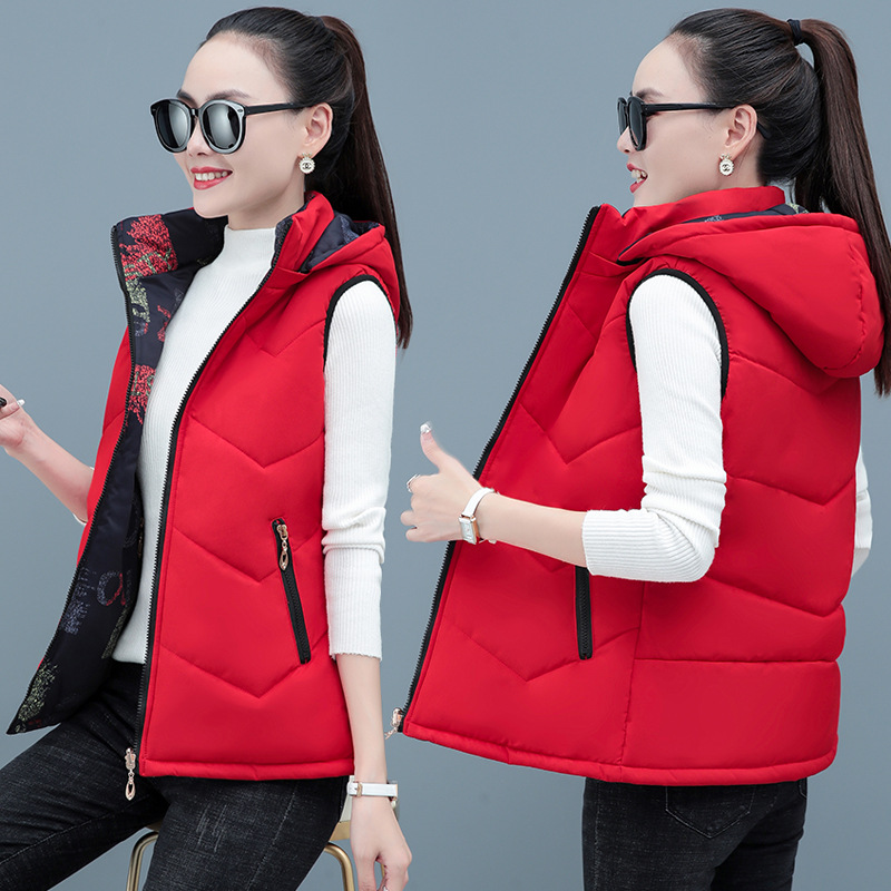 Chaleco de algodón con capucha desmontable y desmontable de doble cara para mujer otoño e invierno madre de mediana edad talla grande suelta engrosada cálida sin mangas