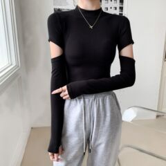 女性用ブラックハーフタートルネックボトリングシャツ、2025春夏新作スリムフィットショート長袖デザイン中空トップ