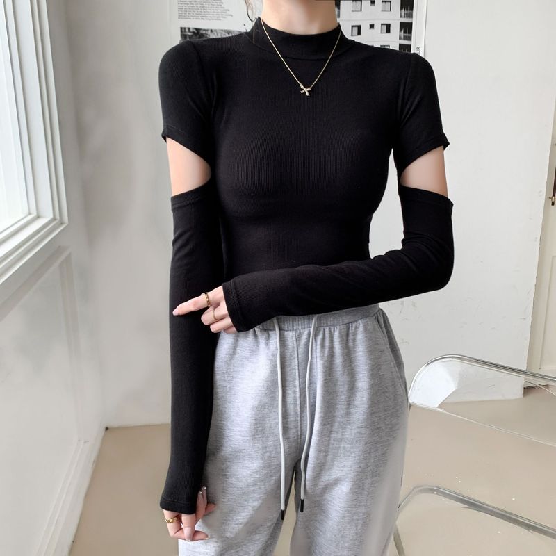 女性用ブラックハーフタートルネックボトリングシャツ、2025春夏新作スリムフィットショート長袖デザイン中空トップ|undefined