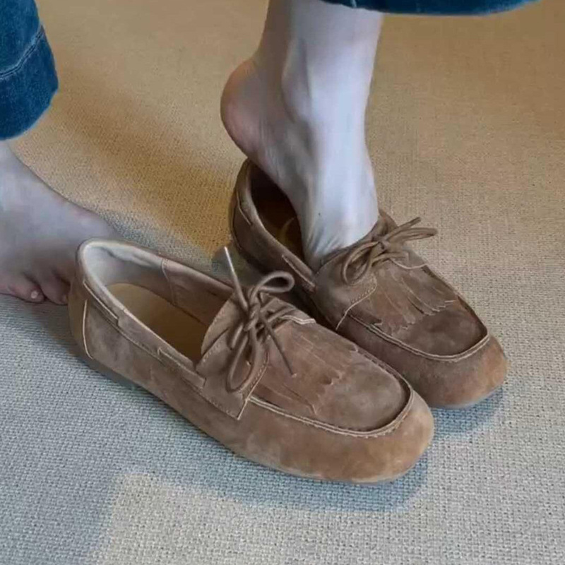 羊皮版~绒面复古真皮一脚蹬乐福鞋女圆头系带平底懒人流苏豆豆鞋|undefined