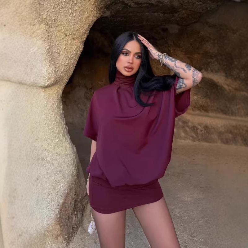 Cross-Border 2026 European and American Sexy Hot Girl Bodycon Short Backless Batwing Sleeve Ruched Collar Dress Cross-Border 2026 European and American Sexy Hot Girl Bodycon Short Backless Batwing Sleeve Ruched Collar Dress