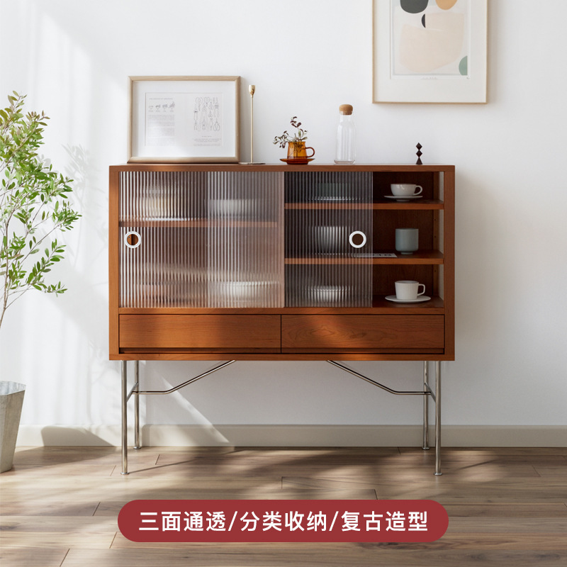 Nordic Solid Wood Metal Sideboard Small Apartment Simple Glass Storage Side Cabinet Restaurant Stainless Steel Multi-function Cabinet