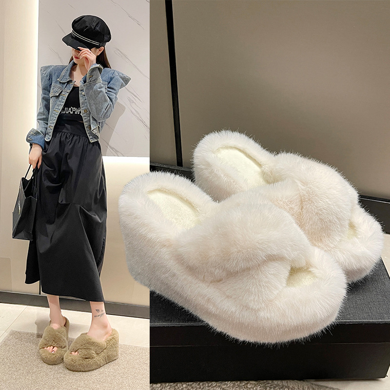 Wedge Heel Fur Slippers For Women To Wear As Outerwear Style Autumn And Winter Thick-soled Flip Flops Internet Celebrity Small Heightening Cotton Slippers