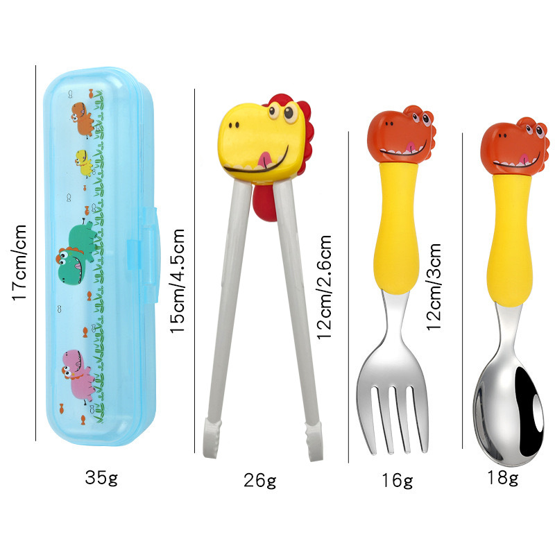 Dinosaur spoon fork chopsticks+storage box [red and yellow]