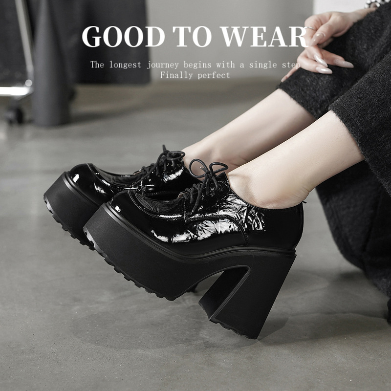 Platform Lace-Up Leather Shoes for Petite Individuals, Round-Toe Chunky Heel, Deep-Cut Single Shoes, Waterproof Platform, Ultra-High Heel Jk Loafers Platform Lace-Up Leather Shoes for Petite Individuals, Round-Toe Chunky Heel, Deep-Cut Single Shoes, Waterproof Platform, Ultra-High Heel Jk Loafers