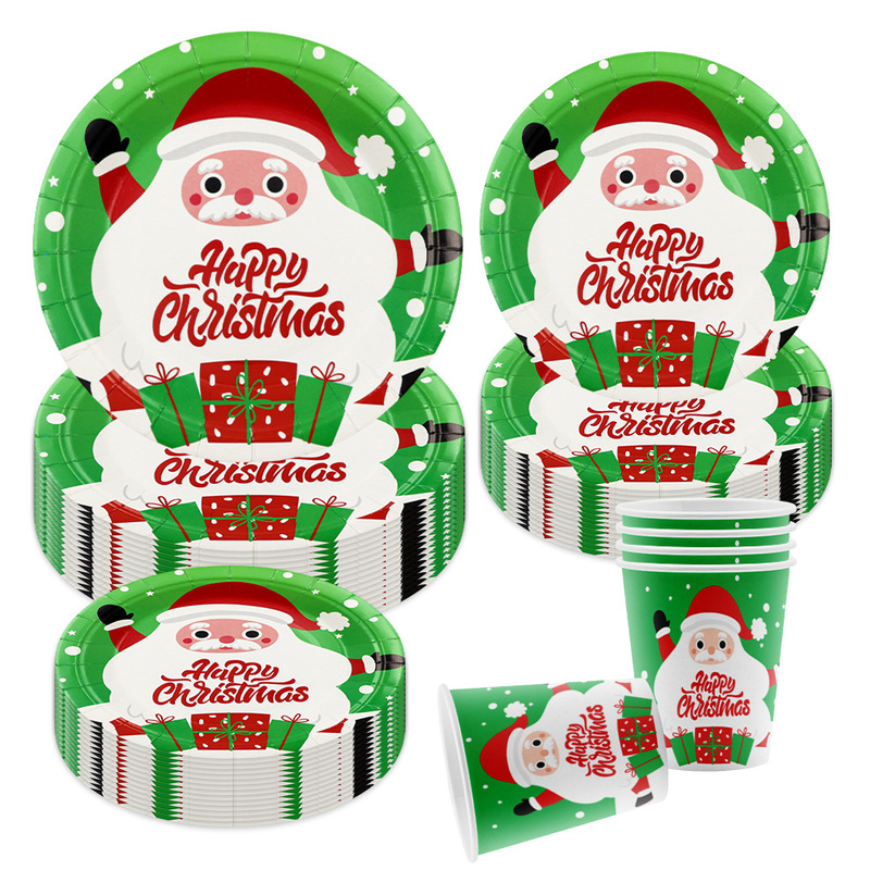 Christmas Party Disposable Dinner Plate Santa Claus Plate Paper Cup Set Party Tableware Christmas Elements Wholesale