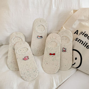 Korean-Style Yarn Cute Animal Low-Cut Invisible Socks for Women, New Summer Boat Socks with Cat and Bowknot Design, Small White Socks