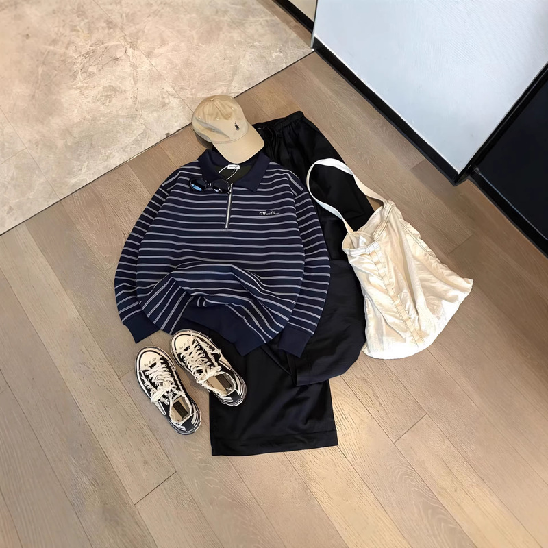 Miu Series 26 New Casual Korean Style Blue Striped Knit Long-Sleeve Unisex Versatile Loose Zipper Sweatshirt Miu Series 26 New Casual Korean Style Blue Striped Knit Long-Sleeve Unisex Versatile Loose Zipper Sweatshirt