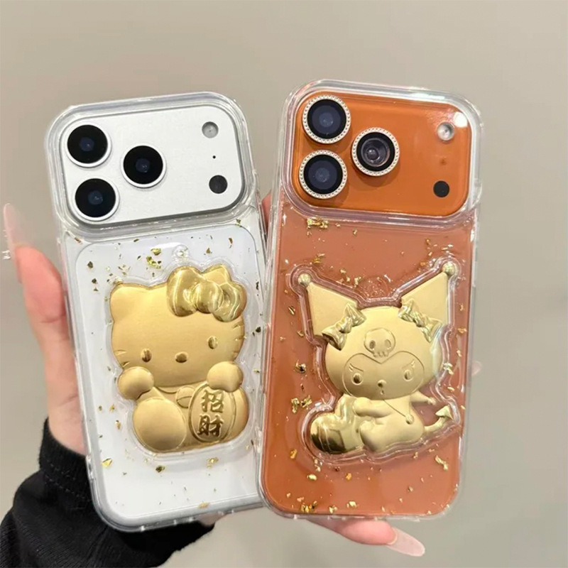 Cartoon Gold Foil Lucky Cat Kt Mobile Phone Case Suitable for Iphone17Promax Transparent Golden Devil Girl New Year