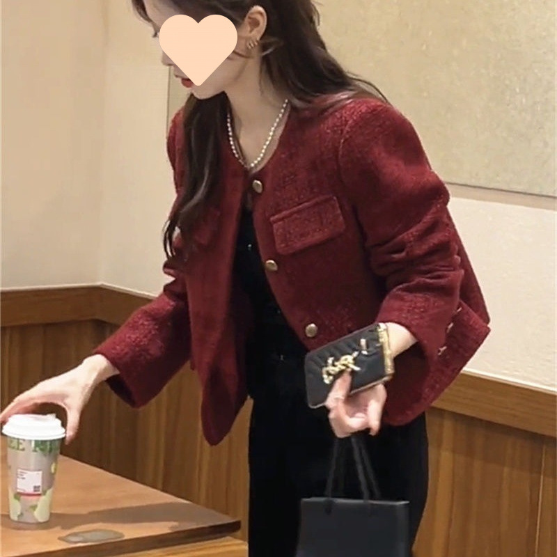 French style tweed solid color single-breasted long-sleeved jacket for women 2025 spring new temperament versatile jacket