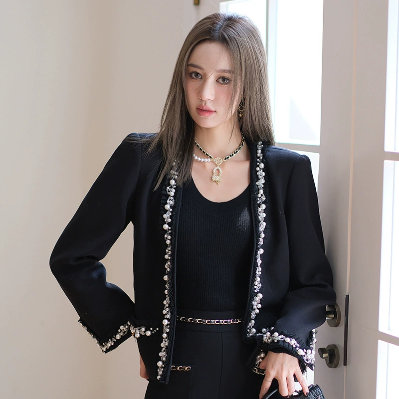 «Anfona» Барселона Маленькое собственное пальто Black Classic Beads Bringing Женский топ Craccirt