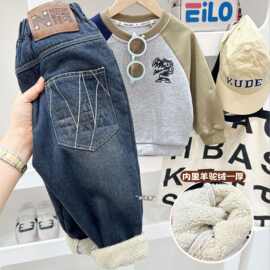 2025新款冬款男童儿童加绒加厚保暖一体绒牛仔棉裤牛仔裤批发裤子