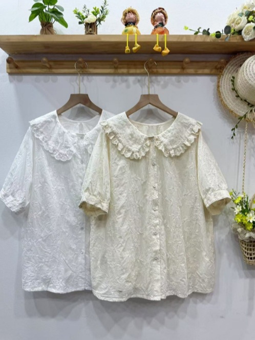 Literary Style Women's Embroidered Lace Collar Pure Cotton Loose Short-Sleeved Shirt Summer Casual Women's Shirt Top