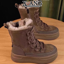 真皮毛一体东北雪地靴女款冬季厚底防滑防水大棉鞋中筒马丁靴子女