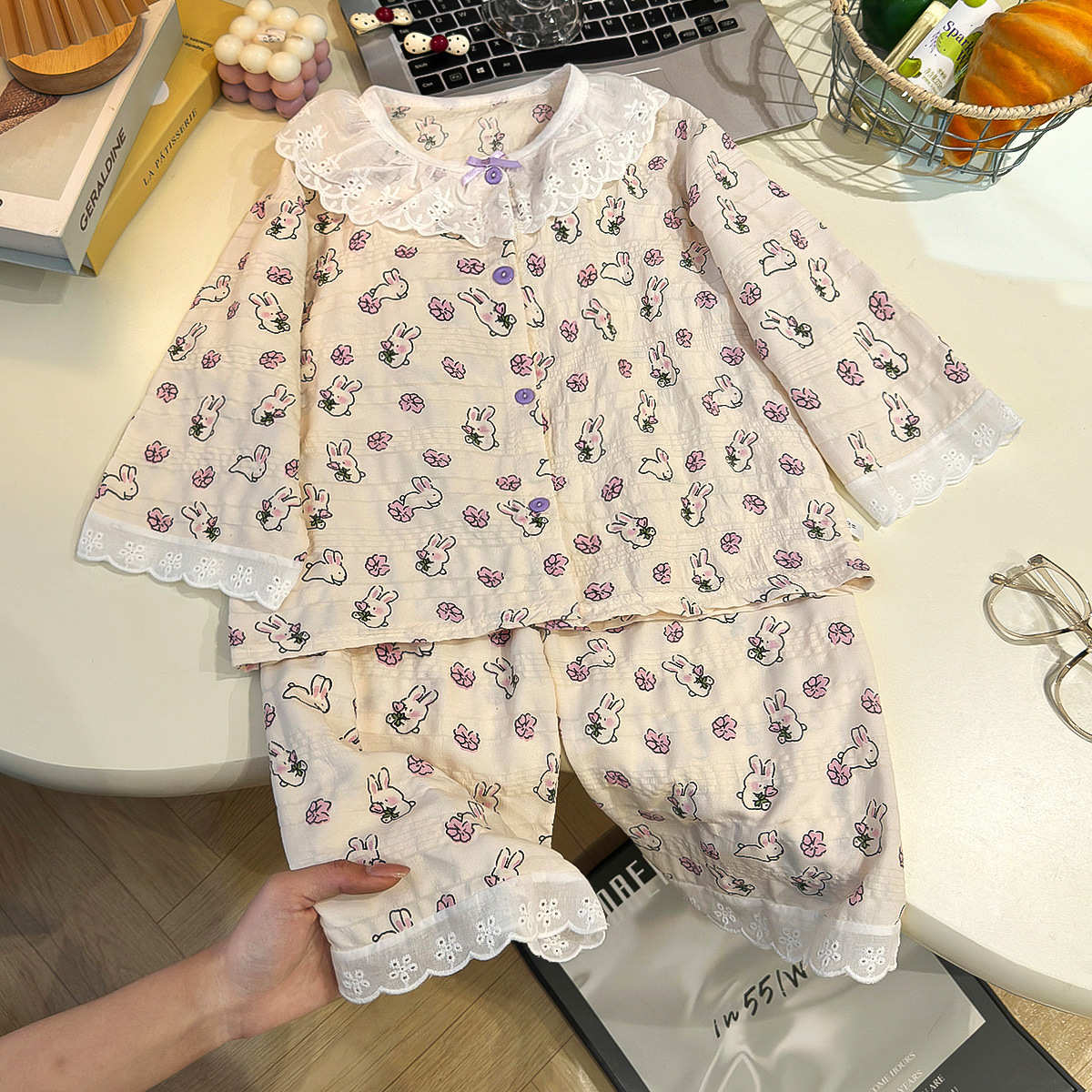 2026 nuevo conjunto de ropa de algodón para niños nubes niñas pijamas de dibujos animados delgados ropa de aire acondicionado transpirable