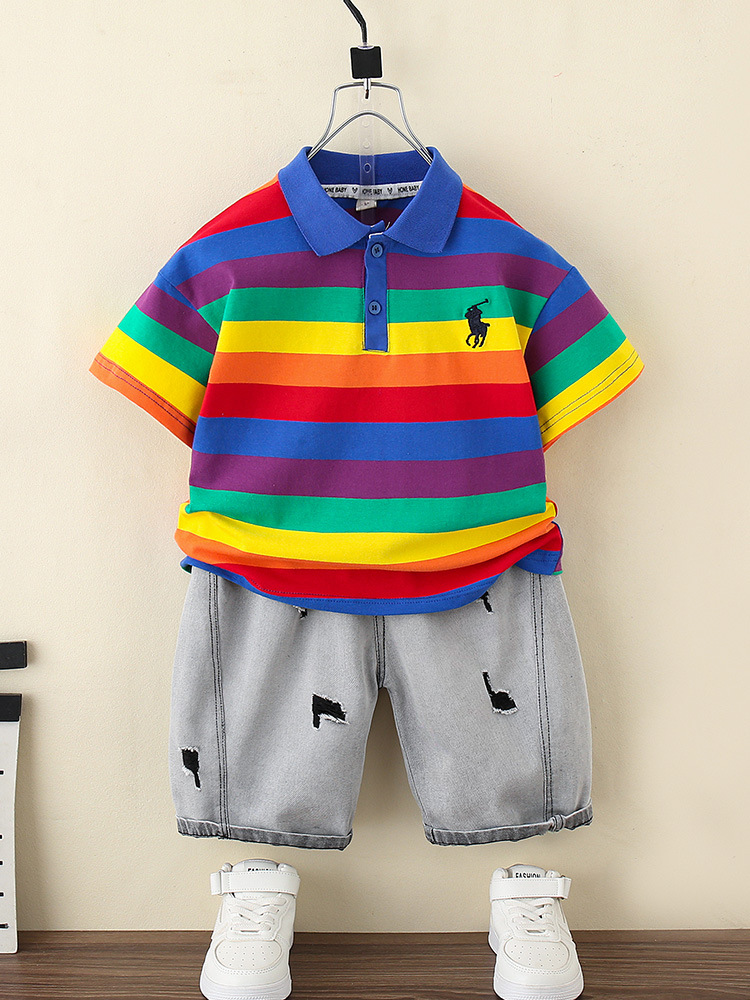 Conjunto de verano para niños 7376, estilo nuevo 2026, pantalones cortos de mezclilla para niños, conjunto de dos piezas de manga corta para bebé, a la moda