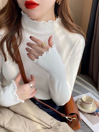 High-end stylish base layer turtleneck sweater for women, autumn and winter, mulberry edge, half-length knit top