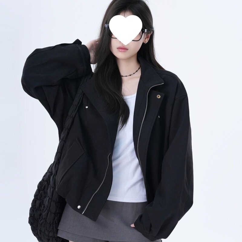 立领美式复古潮牌工装夹克上衣女秋冬季宽松设计感小众廊形外套女|undefined