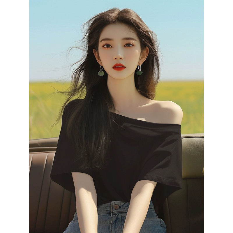 Western Style Small Top Casual Shoulder Short-sleeved Black Shoulder T-shirt Women's Summer New Loose Slimming Design Sense Trendy