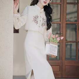 新中式重工刺绣马甲改良旗袍长袖连衣裙女甜美气质优雅长裙