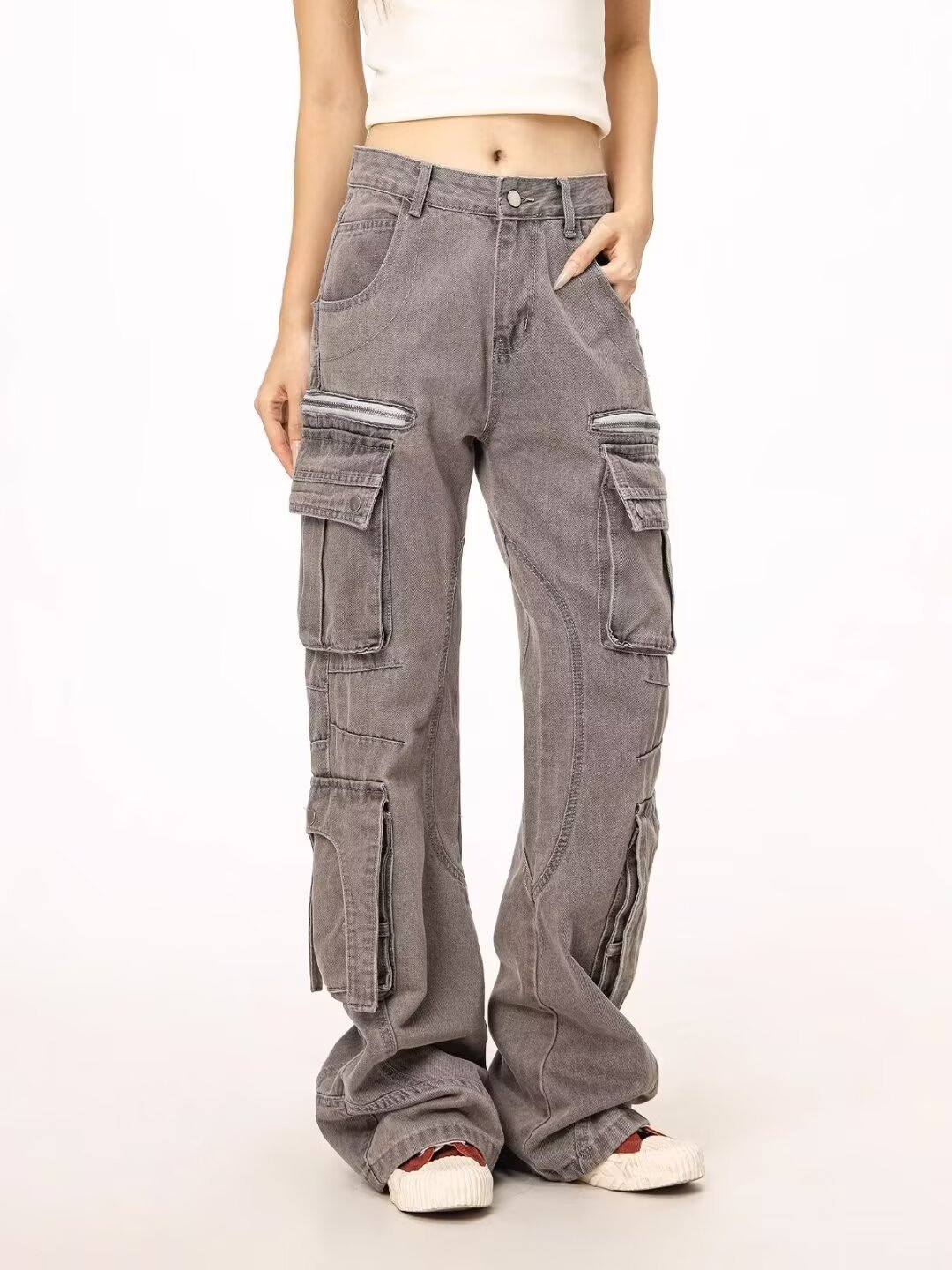 Herrenbekleidung High Street Streetwear Heavy Duty Cargo Jeans mit mehreren Taschen und Reißverschlussdesign – Stylische lässige Arbeitshose in Grau (Größen M-3XL)_voghion.com