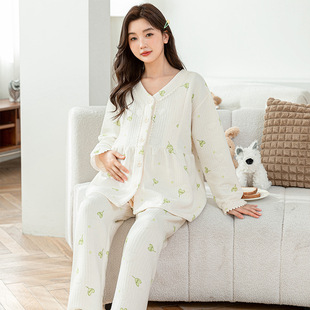 Postpartum Clothing for Autumn and Winter, Air Cotton October Postpartum Loungewear Pajamas with Chest Pads, Two-Piece Set, Maternity Air Cotton Thickened