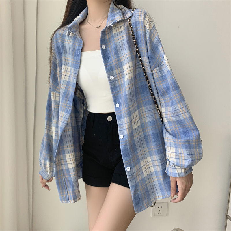格子衬衣女韩系设计感小个子春秋复古百搭宽松衬衫防晒内搭外套|undefined