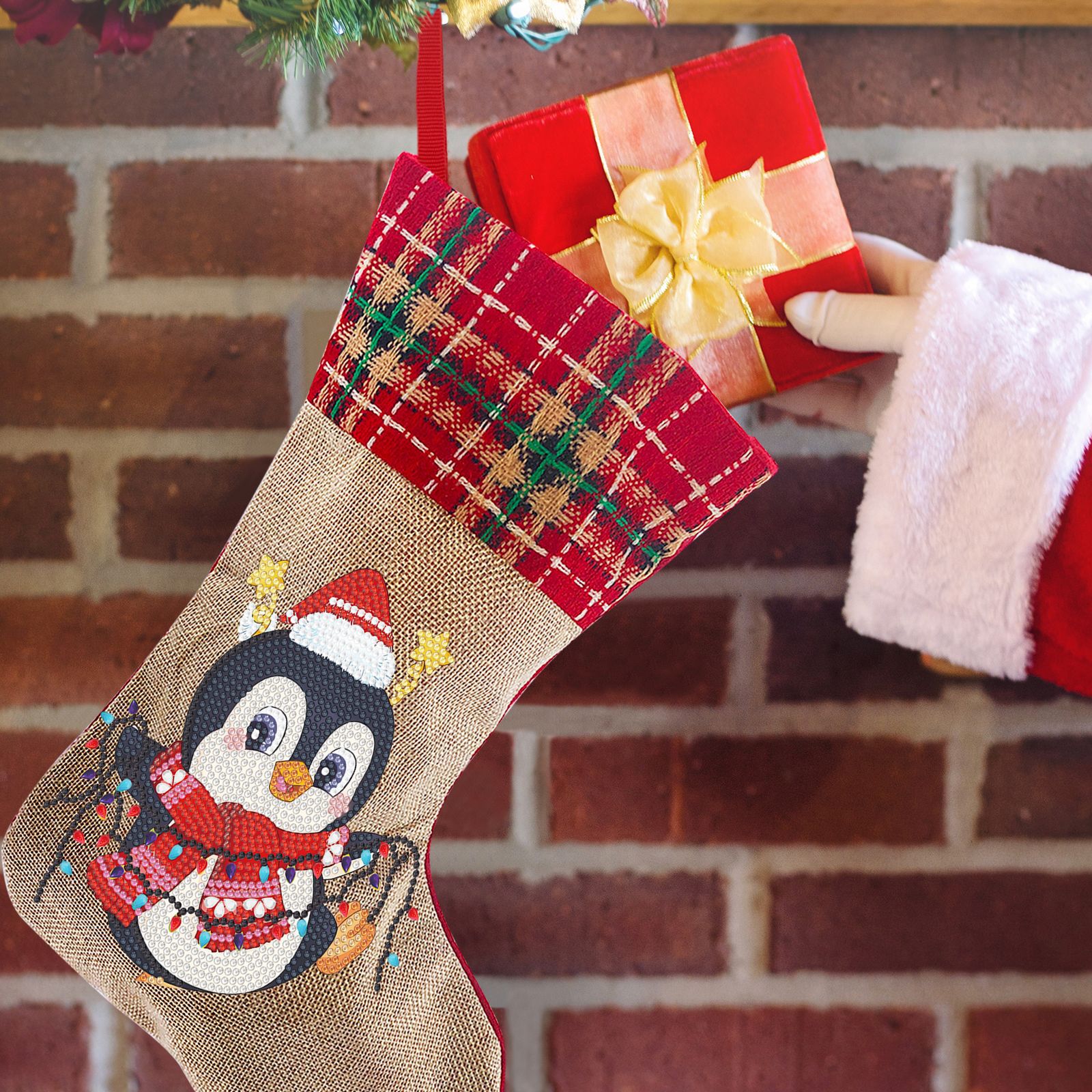 Diamante dibujo perimetral diy calcetines de Navidad hechos a mano diamante pegado bolsas de dulces bolsas de regalo de Navidad bolsas de lino al por mayor