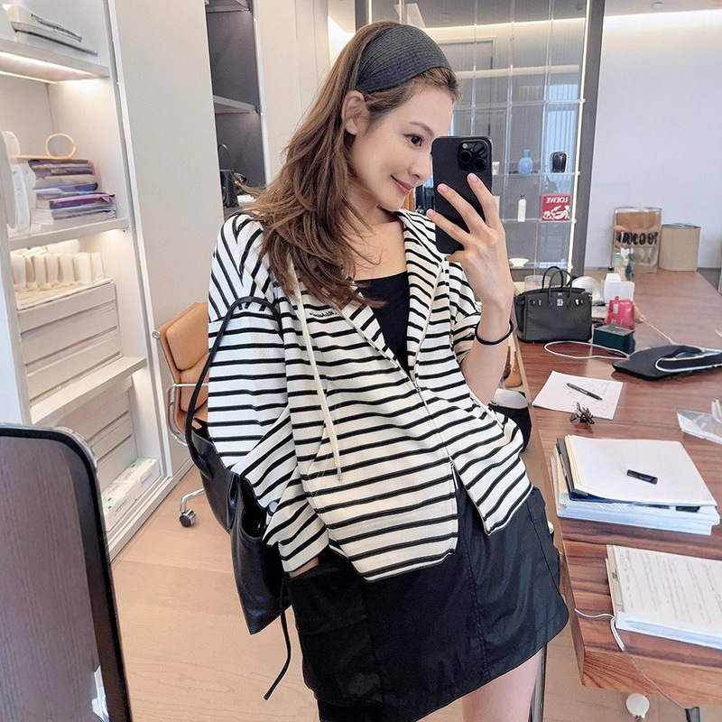 Big Sale, Non-Refundable and Non-Exchangeable! Hani Hoodie Waffle Texture Stripesd Hooded Lazy Loose Zipper Long-Sleeved Jacket