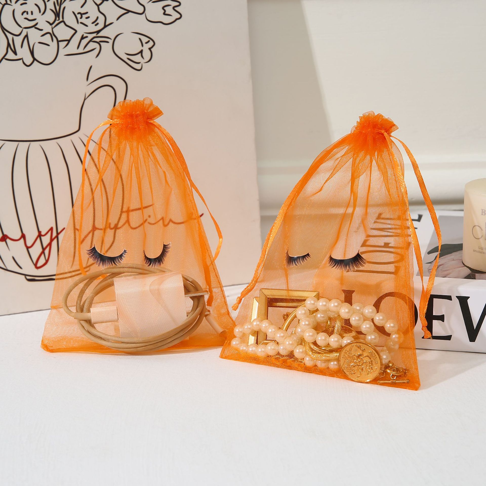 오렌지;[인쇄된 속눈썹 거즈 가방];13*18cm