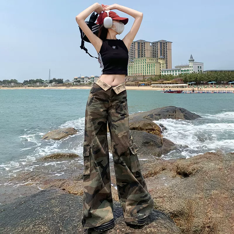 美式辣妹复古迷彩低腰工装裤夏季新款翻边腰头设计阔腿牛仔裤女潮