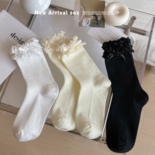 Lolita lace socks bow tube cute spring and autumn Jk girls white pile cotton socks miu wind all-match