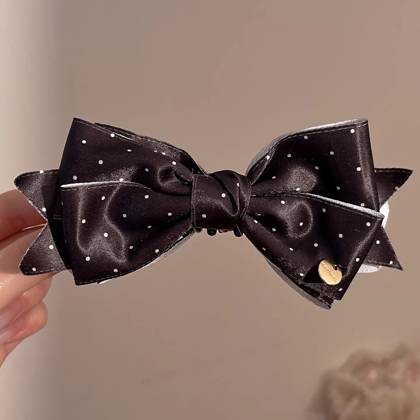 3# black polka dot bow banana clip - bottom clip approximately 10cm